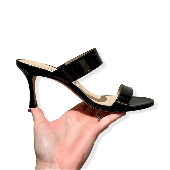 Manolo Blahnik Angufac 70 Black Patent Leather Double Strap Mule Heeled Sandals - Picture 2 of 8